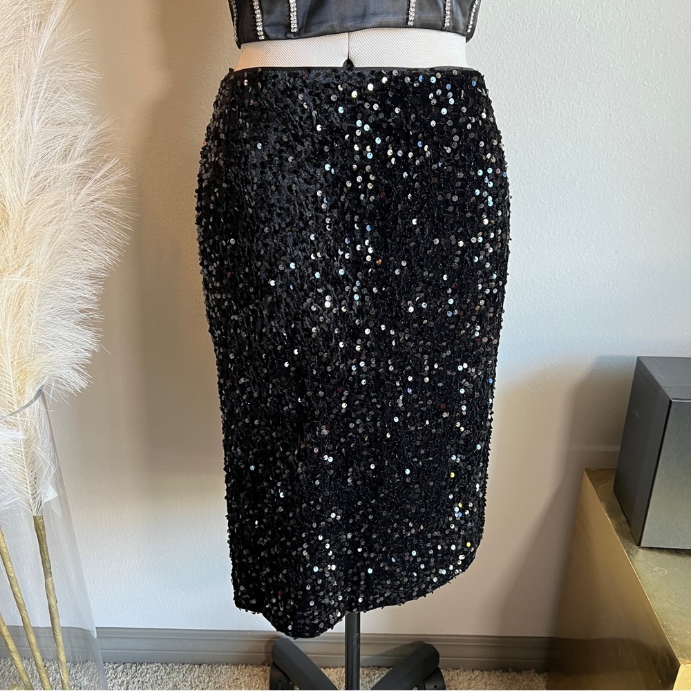 Black Sequin Knee Length Pencil Skirt